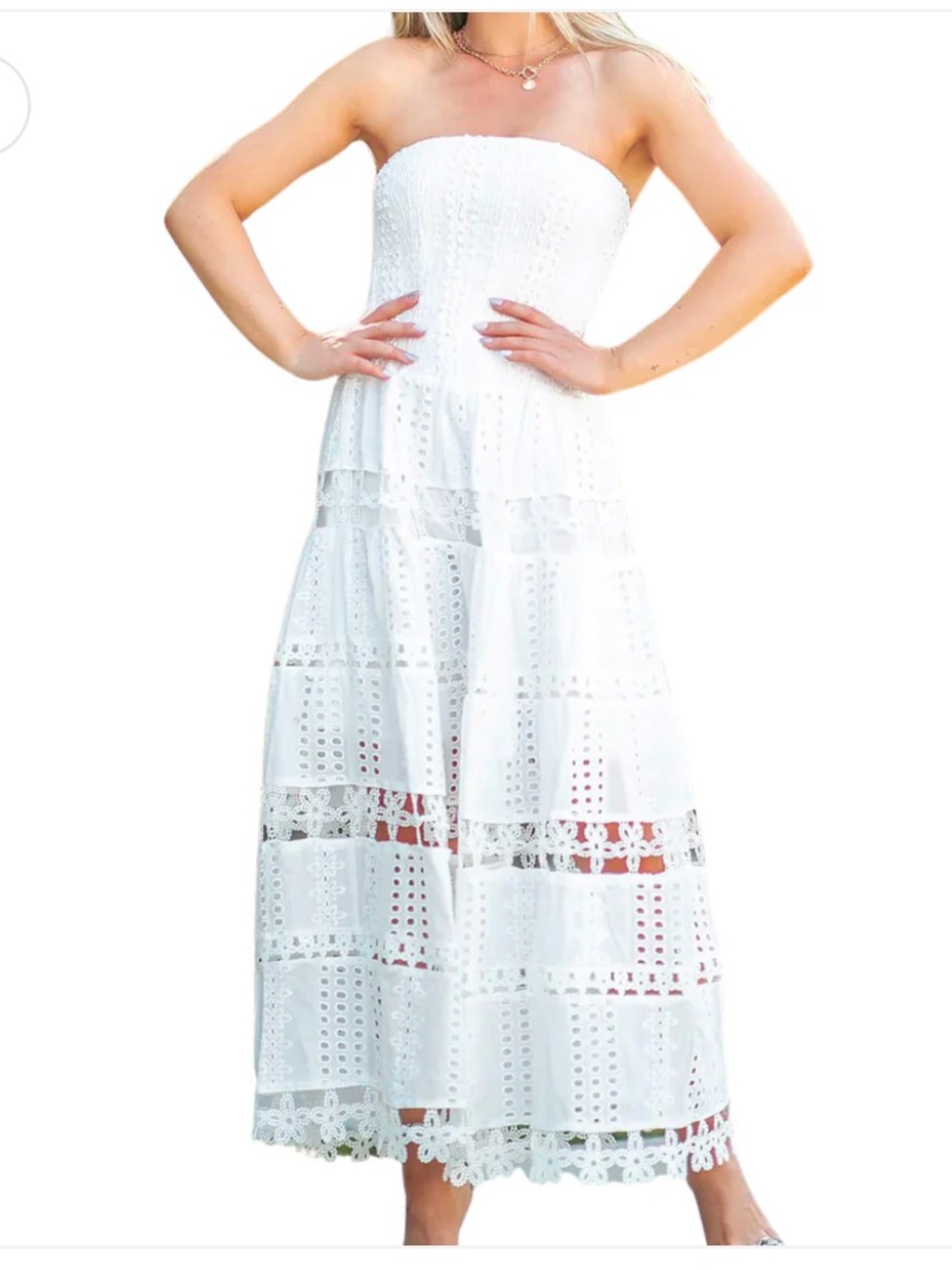 Strapless White Eyelet Midi Dress